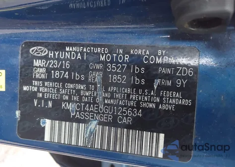 2016 Hyundai Accent Se из США, поврежденный, VIN KMHCT4AE0GU125634